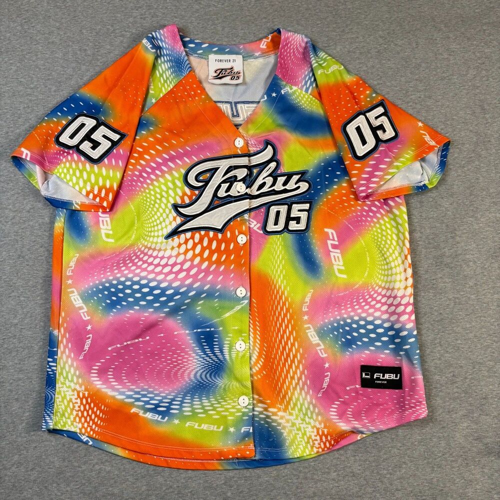 Fubu Forever 21 Baseball Jersey Womens Medium Tie Dye Psychedelic Stitched Logo‎